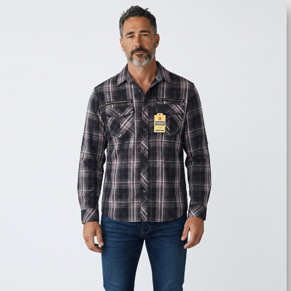 Urban Pipeline Plaid Shirt Mens Medium Black Grey NWT Zipper Detail Long‎ Sleeve